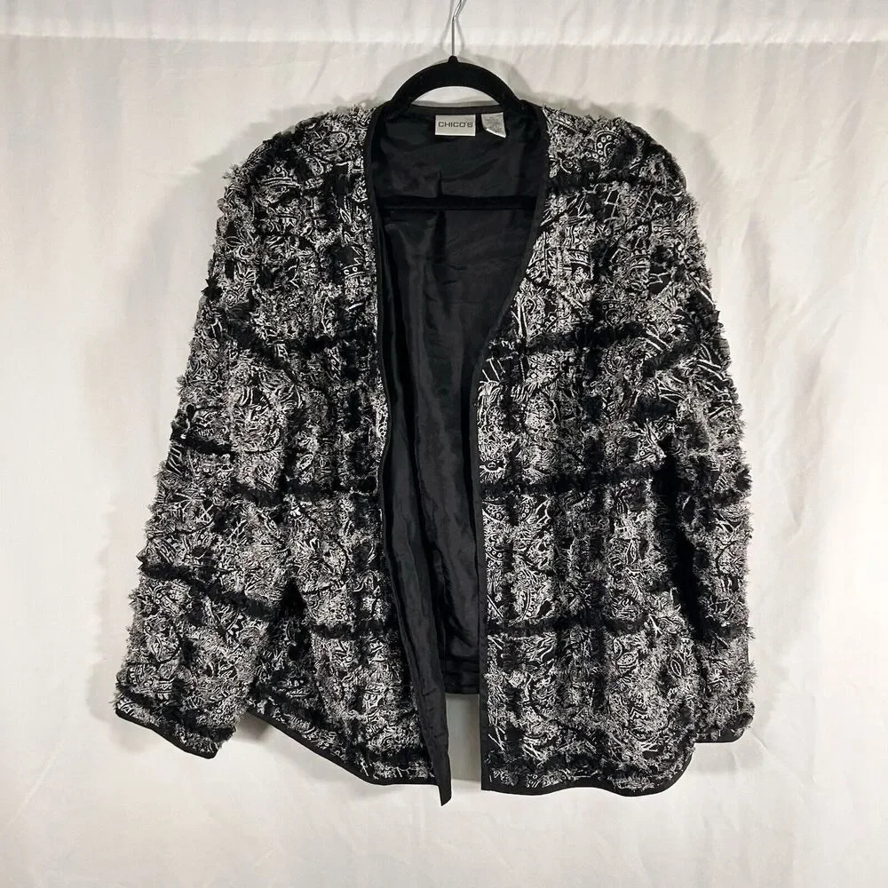 Chico's Jacket Women's XL Black White Frill Open Front Silk Blend No Pockets